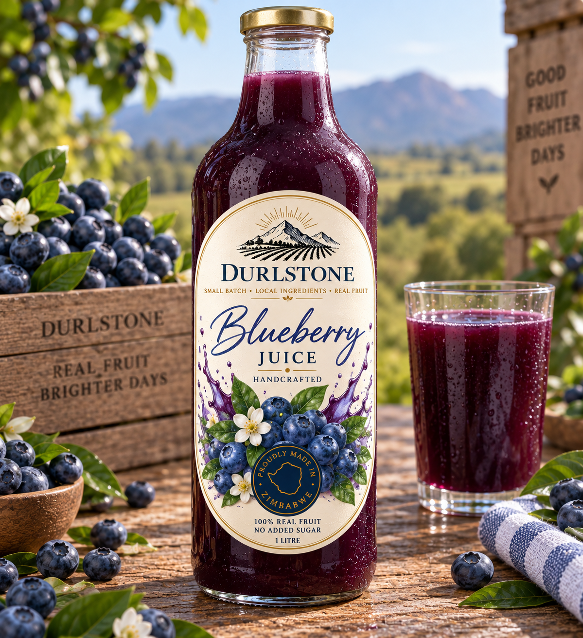 Bottle of Durlstone Estate blueberry juice